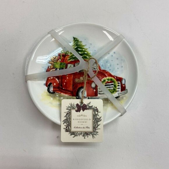 New Maxcera Christmas Side Appetizer Plates Vintage Red Truck Beatle Bug Set 4 - Picture 3 of 7
